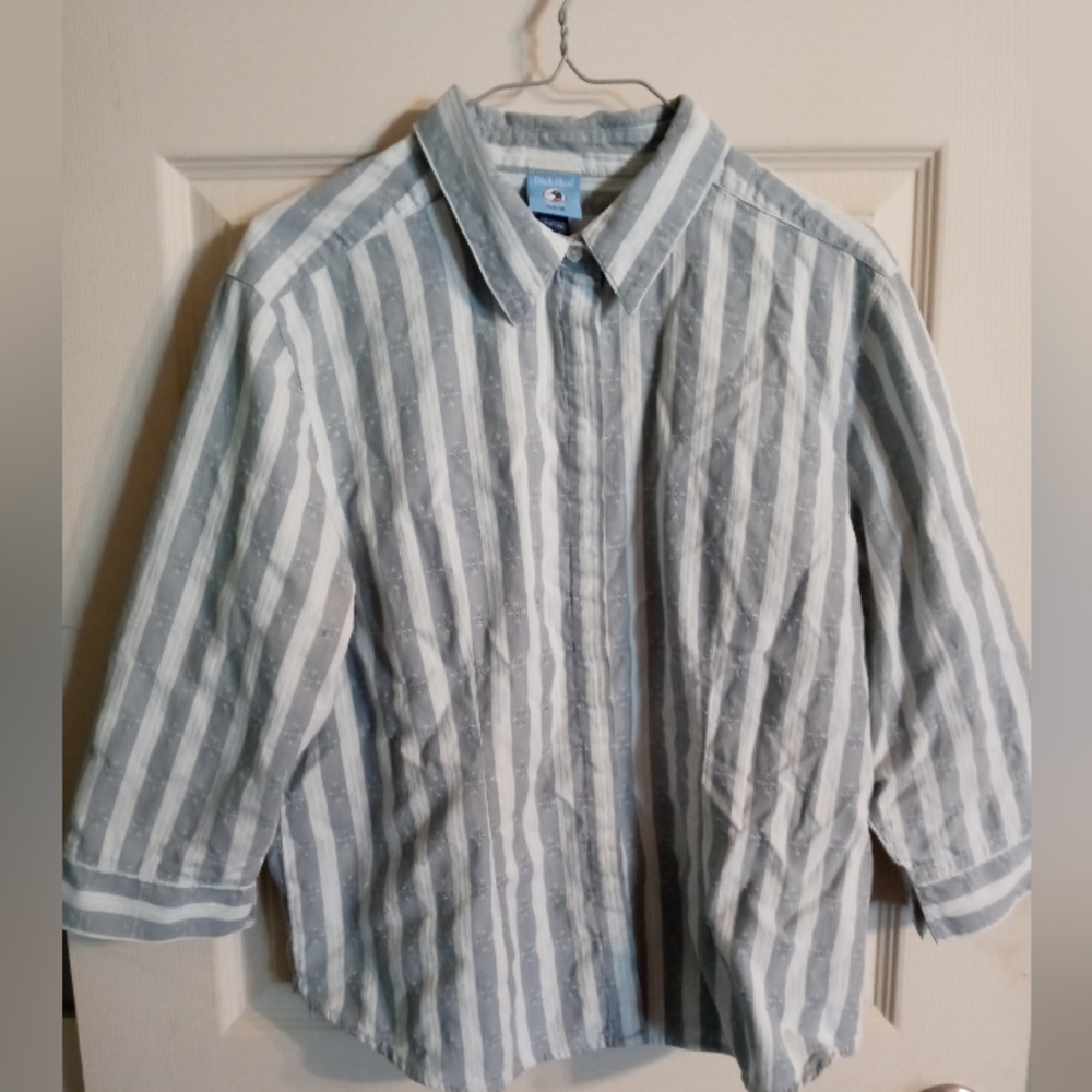Duck Head Womens Button Down Blouse Large Petite Gray Striped